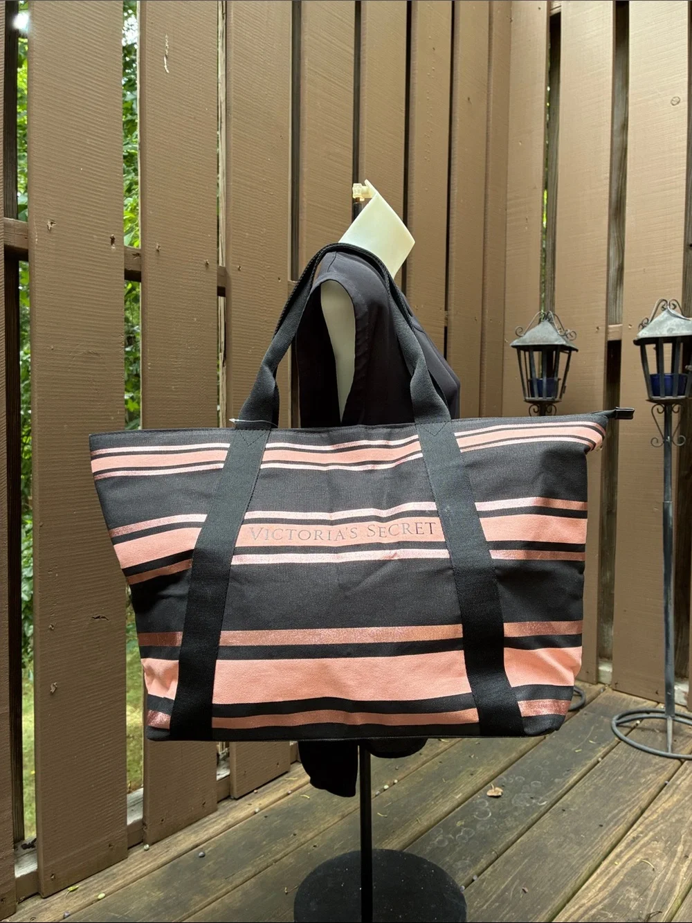 NWT Victoria's Secret Black & Pink Striped Tote Bag